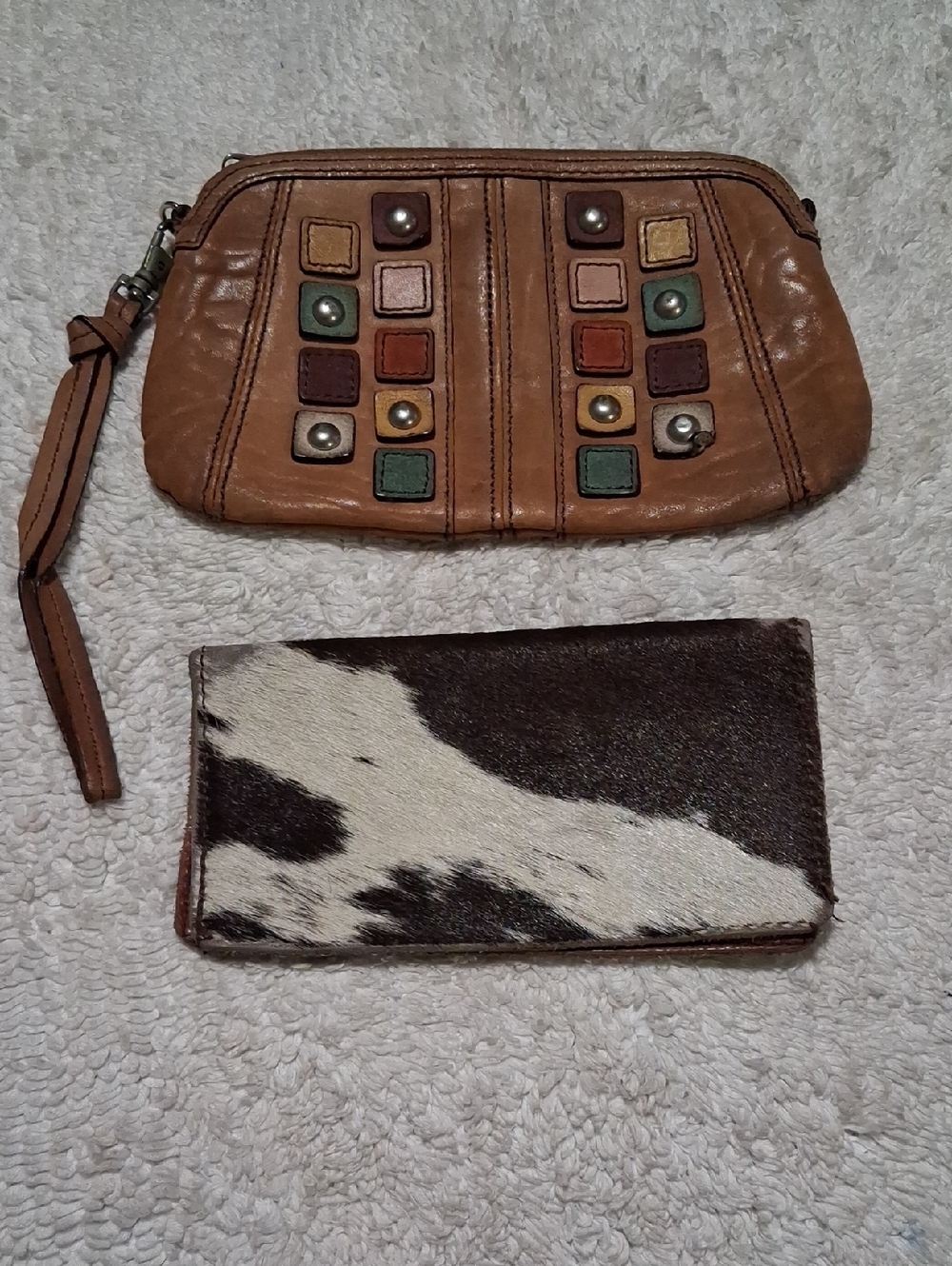 Fossil Fifty Four Tan Leather Wristlet Clutch & Calf Hair Checkbook Cover Bundle